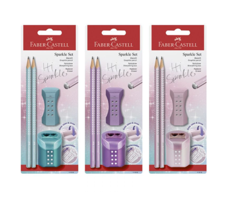 dve sparkle grafitne olovke sa gumicom i rezačem faber castell metalik u poliblister pakovanju